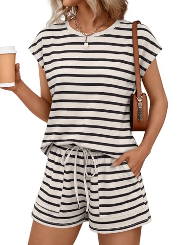 Image of AUTOMET Womens Crew Neck Two Piece Short Sets Cap Sleeve Drawstring Summer Sweatsuit with Pocket