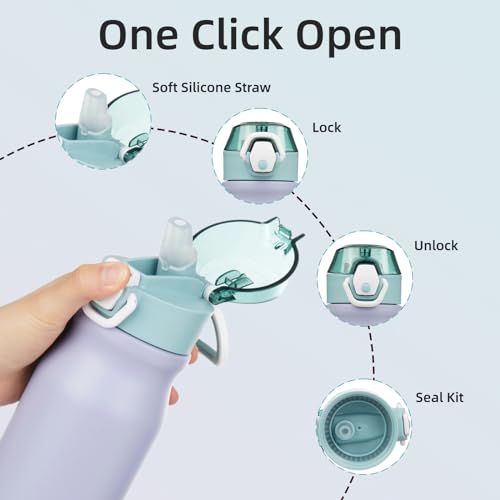Image of BJPKPK 25 oz Insulated Water Bottle, Straw, Handle, Stainless Steel Flask | Leak Proof Locking Lid, Thermal, Double Wall Vacuum, Keeps Hot /Cold, BPA Free, Dishwasher Safe, Travel & Sports, Modern Blue