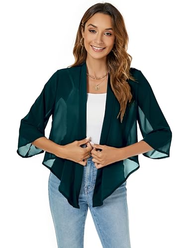 Famrrifuu Femme Boléro Court Gilet Léger Manches 3/4 Boléro Cardigan Élégant Veste Courte Mousseline de Soie,Vert,XXL