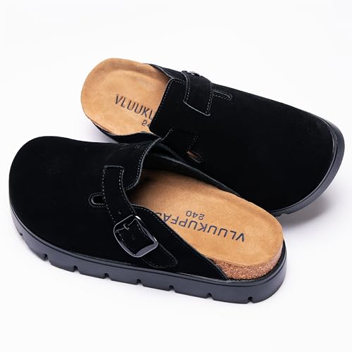 Image of Women's Suede Platform Clogs Leather Mules Slip On Indoor Outdoor Shoes | Arch Support, Cork Footbed, Adjustable Buckle,Water Resistant Upper,All Day Comfort