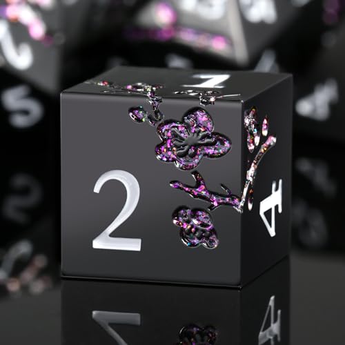 DNDND Glitter Purple Metal D&D Dice, 7 PCS Flower Metallic DND Dice Set with Grogeous Gift Case for Dungeons and Dragon Tabletop Game (Matte Black with Glitter Purple Flower)