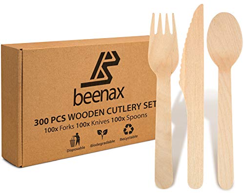 Beenax 300Pcs Disposable Wooden Cutlery Set - Eco Friendly 100x Forks 100x Knives 100x Spoons - 100% Biodegradable Tableware Plastic-Free & Food Safe - Perfect for Parties, Home Use, BBQ, Camping