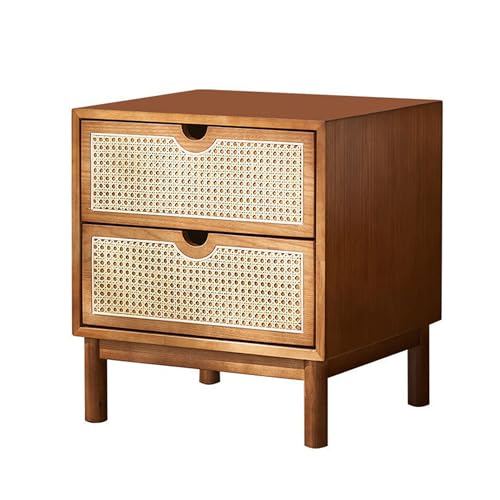 KCCRHIN Mesita De Noche Bohemia De Ratán con 2 Cajones, Velador Rústica De Madera Maciza, Mesita Auxiliar, Cómoda De Noche, Pequeño Mueble De Almacenamiento para Salón O Dormitorio,Marrón,B