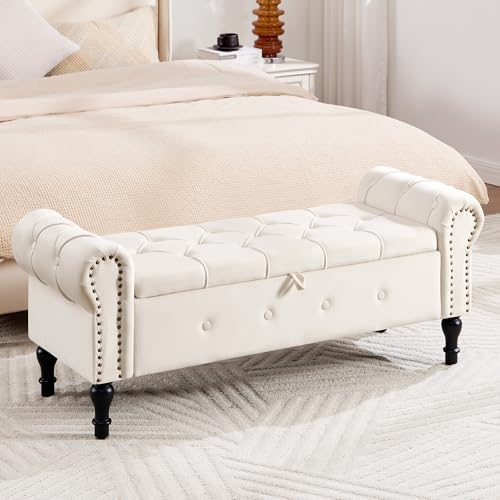 Storage-Bench-51-Velvet-End-of-Bed-Benches-Beige Storage Bench 51" Velvet End of Bed Benches Beige - Image 1