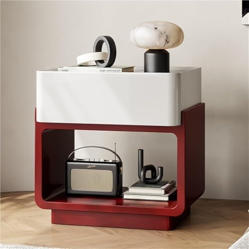 Vintage Modern Wooden Nightstand with Storage Drawer & Open Shelf - Lightweight Bedside Table for Bedroom & Living Room, 40cm Red Accent Table