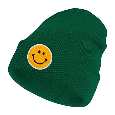 lycycse Womens Beanies for Winter Knit Smile Face Beanie Hat Embroidered Cuffed Slouchy Beanies for Women Dark Green Cover