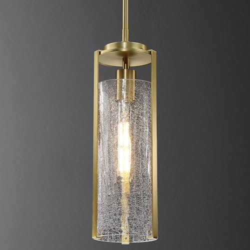 Untrammelife Modern Gold Pendant Light,14' H Cylinder Crackle Glass Hanging Pendant Light...