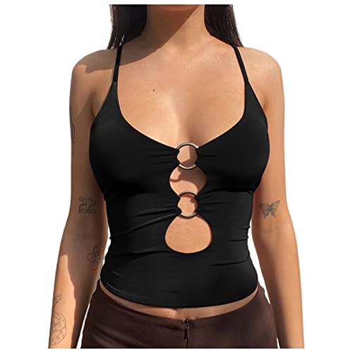 Azruma Damen Tank Top Sommer Y2K Sexy Hollow Out Bauchfrei Buckle Crop Top Low Cut Spaghettiträger Oberteil Rückenfrei Party Gogo Clubwear Weste Camisole Kurzes Shirt Cover