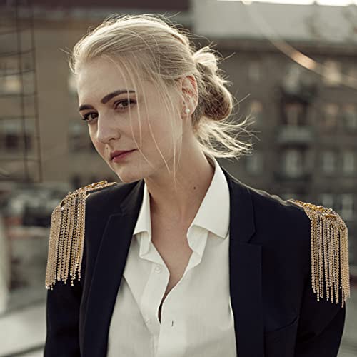 WEBEEDY 2pcs Metal Tassel Link Chain Epaulet Rhinestone Tassel Shoulder Epaulet Beaded Crystal Shoulder Boards Badge Brooch Pins Punk Epaulettes for Men Women Uniform Accessories (Gold)4