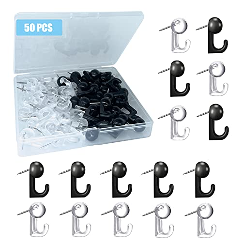 50 PCS Push Pin Hooks Plastic Heads Cork Board Hooks Decorative Thumb Tacks Hook for Photo Wall Bulletin Board Home Wall Home Office School Supplies (Black and Clear)