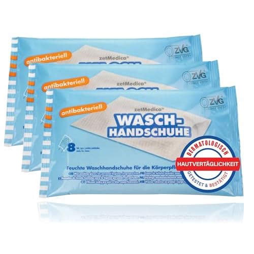 Koryphäe ZVG® 3 Packungen feuchte antibakterielle Waschhandschuhe (24 Stück), Parfümfreie Waschhandschuhe, Feuchte Waschhandschuhe, Waschhandschuhe für bettlägerige Patienten (3 Packungen (24 Stk))