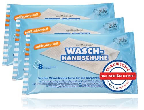 Koryphäe ZVG 3 Packungen feuchte antibakterielle Waschhandschuhe (24 Stück) Parfümfreie Waschhandschuhe Feuchte Waschhandschuhe Waschhandschuhe für bettlägerige Patienten (3 Packungen (24 Stk))