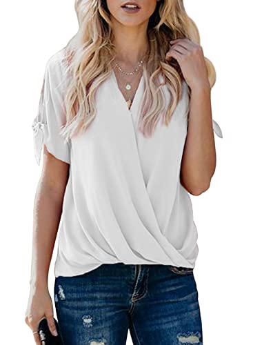 HOTAPEI Womens Tunic Blouses Casual Loose Summer Tie Short Sleeve Wrap V Neck Chiffon Work Blouses for Women Fashion 2021 Loose Fit Tops Shirts White X-Large