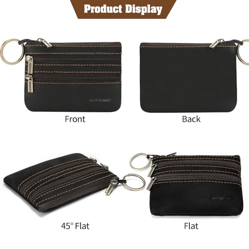 Jack&Chris Coin Purse Pouch for Men, Genuine Leather Coin Purse Zipper Pocket with Keychain Ring, Coin Bag for Men,JC301-Black4