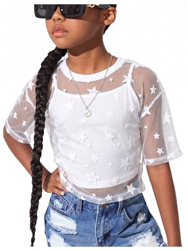 Image of BEAUDRM Girl's 2 Piece Set Star Graphic Sheer Mesh Shirt Crew Neck Short Sleeve Crop Top with Camisole