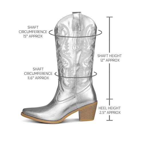 femflame Cowboy Boots For Women,Pointed Toe Embroidered Mid Calf Cowgirl Boots Pull On Zipper Chunky Heel Western Boots4