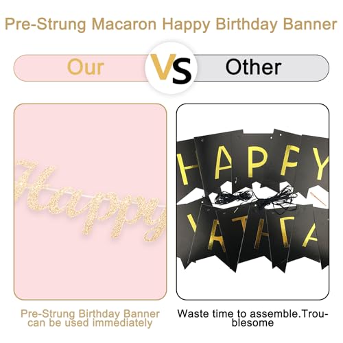 Image of Champagne-Gold Birthday Decorations for Women Girls,Pre-Strung Happy Birthday Banner,Boho Peach Pink Paper Lanterns Tissue Pom Poms Fan,Cream White Balloons,Girl Woman Party Backdrop Supplies