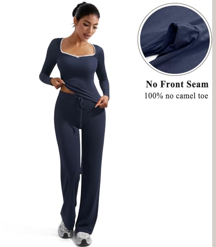 OMKAGI Womens Lounge Set Lace Square Neck Long Sleeve Tops Wide Leg Pants 2 Piece Outfits2
