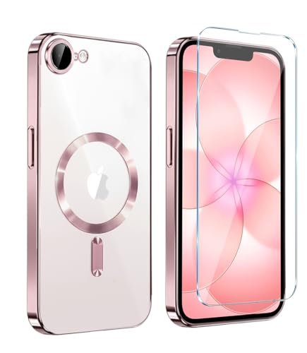Image of Magnetic Glossy Case for iPhone 17e,iPhone17e /16e Phone Case Slim Clear Luxury with Screen Protector & Camera Protector [Compatible with MagSafe], Shockproof Cover for iPhone Case 17e-Pink