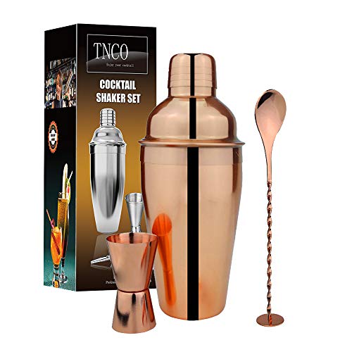 TNCO Professional Cocktail Shaker Set, Bartender Kit includes: Drink Shaker with Cocktail Strainer, 0.5/1 OZ Jigger, Mixer Spoon (Rose Gold, 19OZ(550ml))