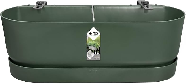 Elho Greenville Easy Balcony 52 Balcony Planter - 100% Recycled Plastic - Diameter 52.0 x H 19.3 cm - Green/Leaf Green