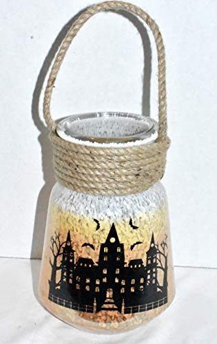 New 14.5" Halloween Haunted House With Bats Candy Corn Color Thick Glass With Hemp Rim Hanging Lantern Candle Holder Pier 1 #TOP1