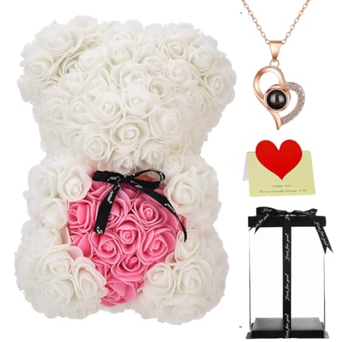 Urso de pelúcia rosa com estrela em forma de coração, urso de flor artificial de 25 cm, com caixa de presente, para aniversário, dia das mães, noivado, presente para ela, namorada, esposa, mãe