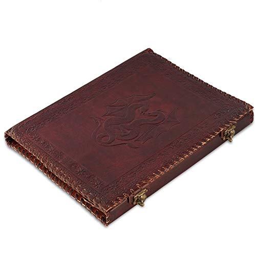 Wellbourne Leather Bound File Folder Portfolio A4 Handmade Expandable Resume Padfolio Embossed With Double Dragon Document Organizer For Office - Brown (10X13 Inches) #TOP2