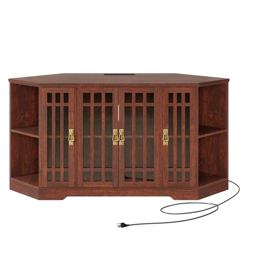 Image of IRONCK Corner TV Stand for TVs up to 60 Inch with Power Outlet, Corner Entertainment Center with Storage Cabinet and Glass Doors, Mid Century Modern TV Stand for Living Room, Bedroom, Red Walnut