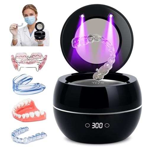 Dental Ultrasonic Retainer Cleaner Machine: 45kHz Dental Cleaning Pod for Denture, Aligner, Mouth Guard, Night Guard, Braces &amp; Jewelry, UV Denture Cleaner with Digital Timer &amp; Dual Mode 250ML Black