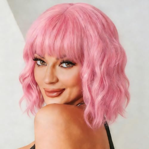 yumtaro Pastel Pink Wavy Bob Wig for Women, Short Shoulder Length Synthetic Wig with Bangs, Natural...