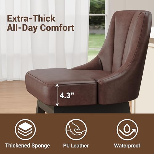 Image of YaFiti 26 inch Leather Swivel Bar Stool 1 pcs with Back & Solid Wood Leg, Brown | Faux Leather, Extra Upholstered Seat, Counter Stool, Square Solid Wood Legs, with Backrest & Footrest, for Kitchen Island Bar