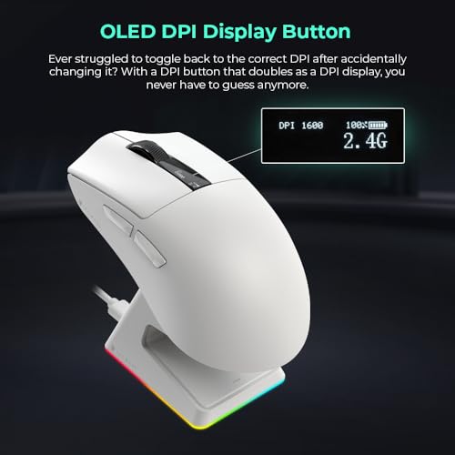 Image of TECWARE EX1 Lightweight Gaming Mouse | 26K DPI Wireless Mouse with OLED Display | 59g Ultra-Light Design | RGB Charging Dock | Tri-Mode Connectivity 2.4GHz /Bluetooth /Wired with Grip Tape | White