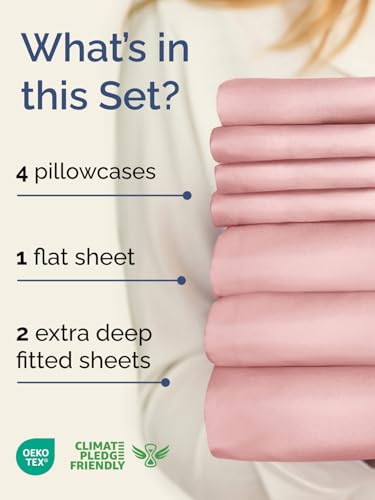 Image of Extra Deep Split King Sheet Set - 7 Piece Breathable and Cooling Sheets - Hotel Luxury Bedding for Women, Men, Kids & Teens - Easy Secure Fit - Soft and Wrinkle Free - Extra Deep Pockets - Baby Pink