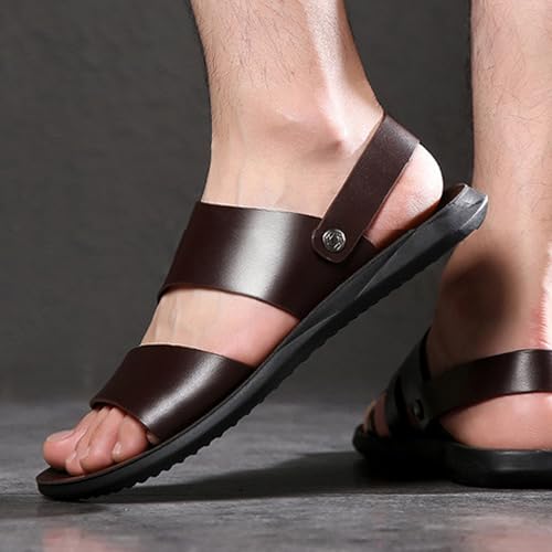 Lossarye Men's Leather Open Toe Casual Flat Sandals Adjustable Strap Lightweight Non-Slip Outdoor Walking Sandals Summer Dual Use Slippers3