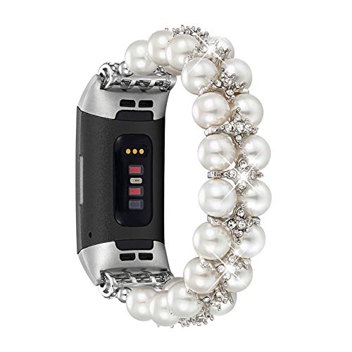 fastgo Compatible with Fitbit Charge 4 Charge 3 and Charge 3 SE Bands, Women Girls Dressy Jewelry Glitter Bracelets Stretchy Replacement Artificial Pearl Strap Special Edition Wristbands Gifts (White)