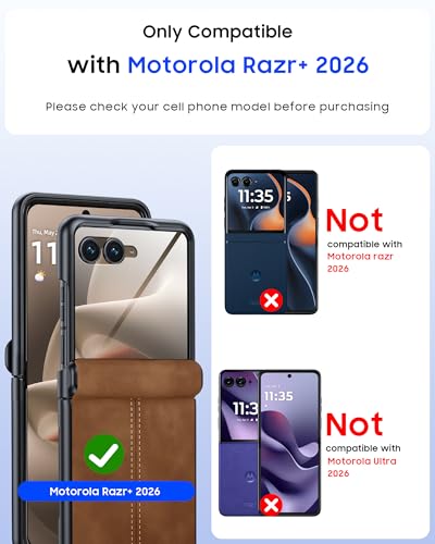 Image of for Motorola Razr+ Plus 2026 Case /Razr+ Plus 2025 Case with Hinge Protection & Built-in Outer Screen Protector, PU Leather Matte PC Shockproof Cover, Ultra Slim Case for Razr+ 2026 /2025-Brown