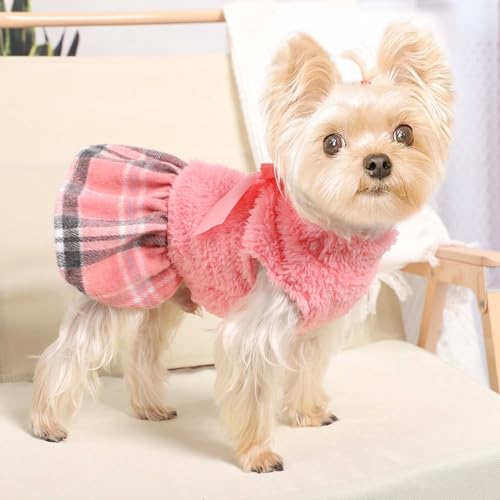 Image of Dog Sweater Dog Winter Clothes for Small Dogs Boy Girl Fall Puppy Dress Warm Fleece Chihuahua Yorkie Teacup Doggy Sweaters Dresses Doggie Sweater for Small Dogs Girl Cat Sweaters, Plaid Pink, XXS