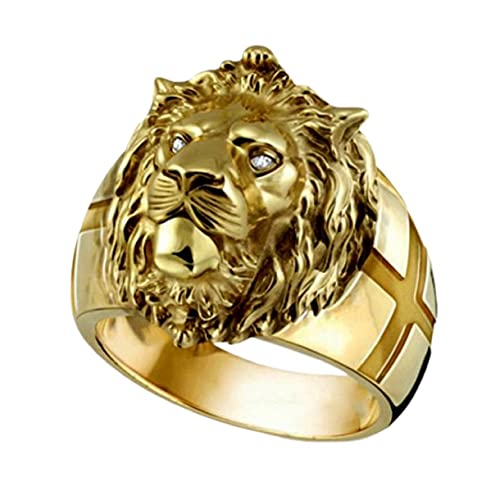 Gold Lion Ring,Gothic Cross Lion Ring for Men, Iced Out Gold Lion Head Ring Viking Lion Animal White Stone Ring for Boys Punk Lion Ring Hip Hop Retro Rock Vintage Lion Totem Signet Jewelry(11)