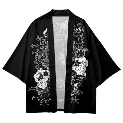 Anime Style Dragon Print Loose Cardigan for Men Japanese Harajuku Streetwear Haori Trendy Cosplay Kimono for Woman