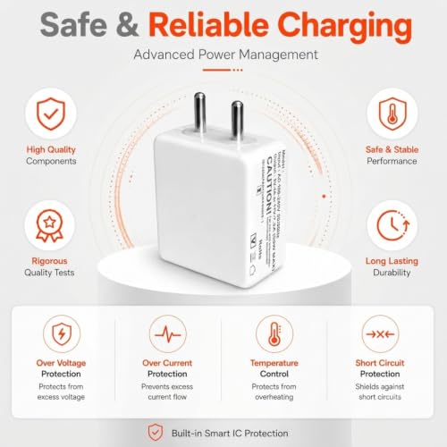 Image of 80W Type-C Charger for Yezz Art 3 Lite Original QC Adapter Type C 3.0A High Speed Fast Turbo Charge QC 3.0 Smart SinglePort with 1m Type-C Charging & Sync Cable (White, Dash, SE.AO3)