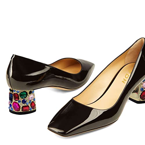 YDN Women Square Toe Slip on Pumps Rhinestone Studded Block Low Heels Dance Prom Dress Shoes Size 4-15 US3