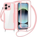 FERLAN Coque avec Cordon pour Xiaomi Redmi Note 14 4G (163), Collier Ajustable,Coque Antichoc Housse avec Protection écran, 360° Protection Case Robuste Double Bumper Etui Intégrale (Rose)