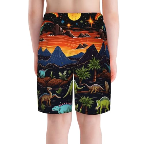 Boys Beach Board Shorts Swim Trunks Teen Kids Quick Dry Bathing Suits, Dinosaurs Dragons Dino Landscape Primitives4