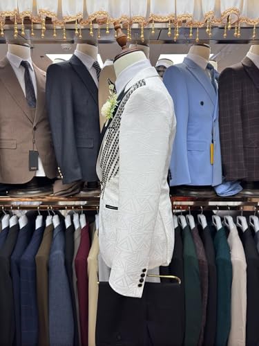 Men's Suits Slim Fit White Jacquard Jacket Suit Luxury Tuxedo with Bead Rhinestone for Wedding Groomsman Set 5