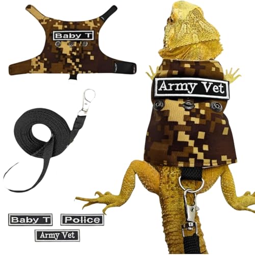 Image of Bearded Dragon Harness Leash Set with Patch Adjustable Lizard Traction Rope Escape Proof Outdoor Walking Reptile Camouflage Costume Accessories for Bearded Dragon Lizard Small Pets (Brown)