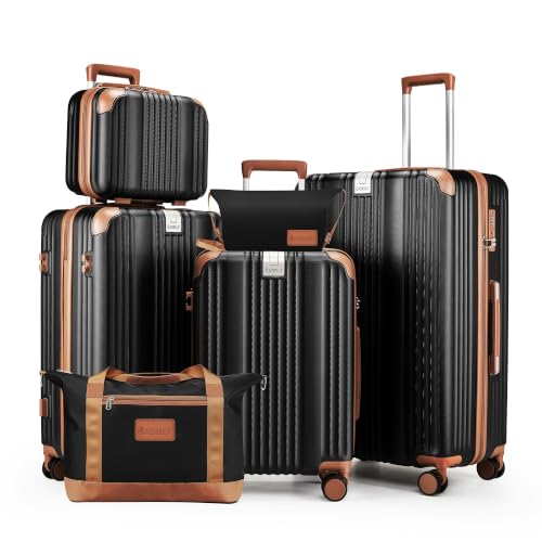 Image of Luggage Set 6 Piece Luggage with PC+ABS Hardshell TSA Lock Spinner Wheels Carry on Lightweight Suitcase Cup Holder,YKK Zippers and Hoot(Black, 6 piece sets(14 /20 /24 /28 /DB /TB))