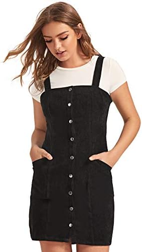 Floerns Women's Corduroy Button Down Pinafore Overall Dress with Pockets A Black Pocket Solid M