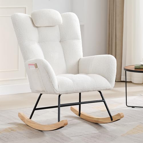 Image of Teddy Upholstered Rocking Chair for Nursery, Fluffy Glider Rocker for Adults, Ideal for Small Spaces - Nursing Chair for Living Room, Bedroom, Beige
