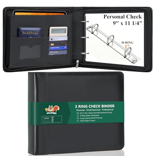 PinePiggy Zipper 3 Ring Personal Check Binder for 3-on-a-Page End-Stub Deskbook Fits 3 & 9-Hole Personal Checks PU Leather Checkbook Cover Built-in Storage Organizer 600 Checks Capacity Black